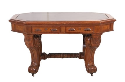 Victorian Leather Top Carved Partner's Desk