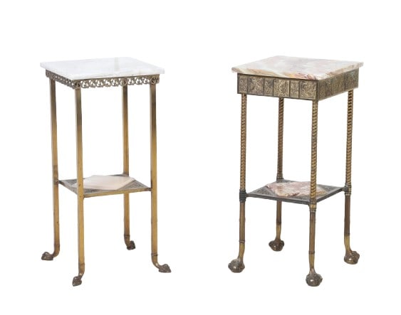(2) Aesthetic Movement Brass and Onyx Stands: (2) Aesthetic Movement brass and onyx stands acquired from the Kemble Bergdoll House in Philadelphia, each 30-1/2"h x 14"w x 14"d, good condition, one with repaired onyx