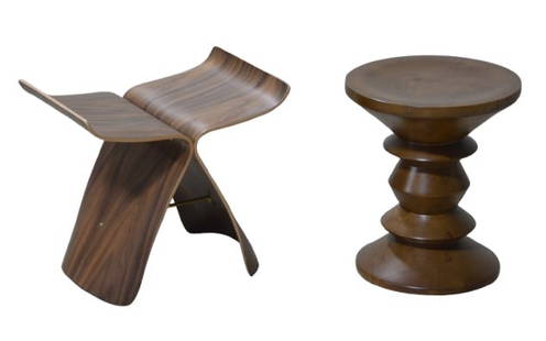 Lot of (2) MCM stools: Lot of (2) MCM stools, (1) Herman Miller Eames style turned stool, (1) Sori Yanagi style butterfly stool, largest 17"H x 17"W x 12"D