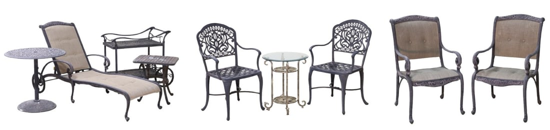 (9) Piece Cast Metal Patio Furniture Lot: Nine piece cast metal patio furniture lot, 30" round table, hole for umbrella (no umbrella, or cover cap), 28"H, chaise lounge with taupe fabric, 40"H x 29"W x 76"L, (2) armchairs with taupe fabric. 3