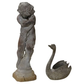 Lead Figural Garden Statue and Swan Form Planter
