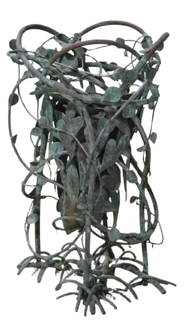 Jim Millar Style Modernist Garden Fountain: Jim Millar style copper modernist garden fountain, water lily and vine cascading fountain, beautiful blue-green patina, 36"H x 23"Dia.