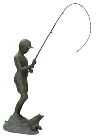 Large Bronze Outdoor Fountain of a Boy Fishing