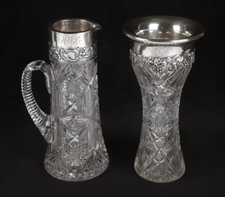 Sterling Mounted Cut Crystal Pitcher and Vase