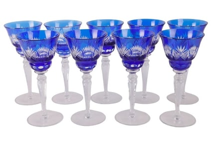 (9) Bohemian Cobalt Cut to Clear Crystal Goblets