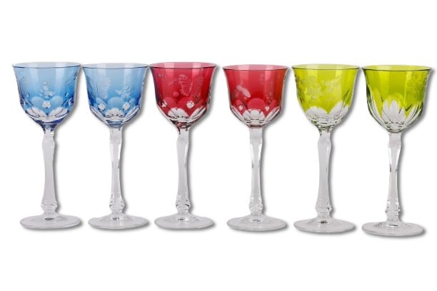 (6) Varga Cut to Clear Flower and Butterfly Hocks: (6) Varga Cut to Clear Flower and Butterfly Hocks, acquired from the Kemble Bergdoll House in Philadelphia, chartreuse in floral, the rest in butterfly and bee finely etched decoration, c/o (2) blue, 