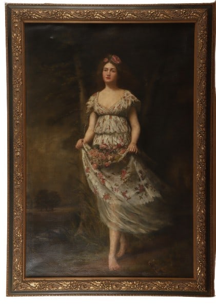 19th C Painting of a Young Beauty: 19th C painting of a young beauty depicting a young woman carrying flowers in her dress, oil on canvas, unsigned, 50-3/4" x 43-3/4", framed 57-1/2" x 41", good condition, old restoration and relining,