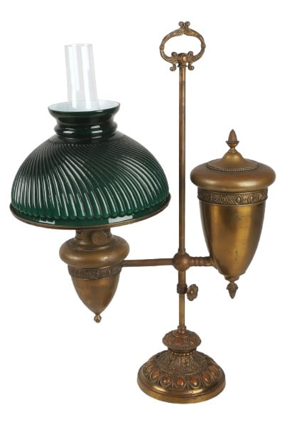 Hollings & Co. Boston Kerosene Students Lamp: Hollings & Co. Boston Kerosene Students Lamp, adjustable students lamp, weighted base, with green cased glass swirl shade, 24"H