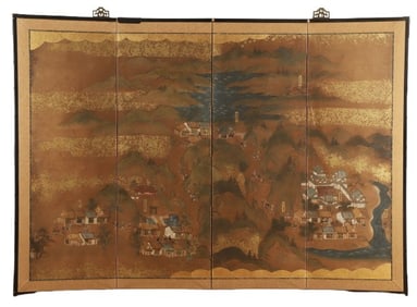 Japanese 4-Panel Painted Table Top Screen