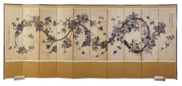 Korean 10-Panel Ink on Paper Grapevine Screen