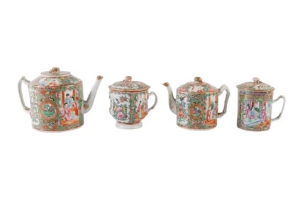 (4) Chinese Rose Medallion Covered Cup and Teapots