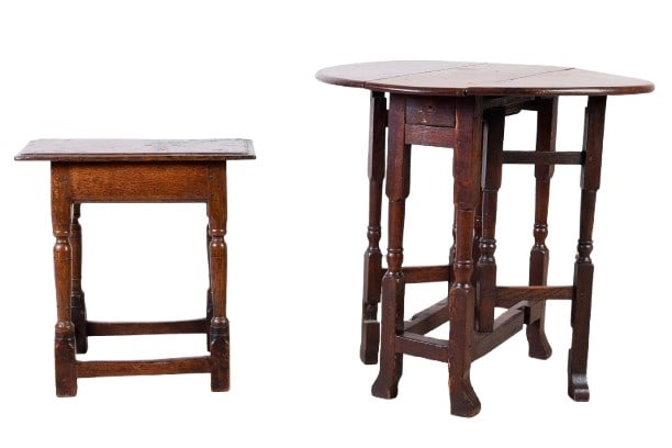 (2) Antique oak tables: (2) antique oak tables, (1) diminutive Wm. & Mary style gateleg drop leaf table, replaced hinges, drawer missing pull, 28"H x 10"W (closed), 29 1/2" (open), 27"D, (1) tavern table, several areas of re