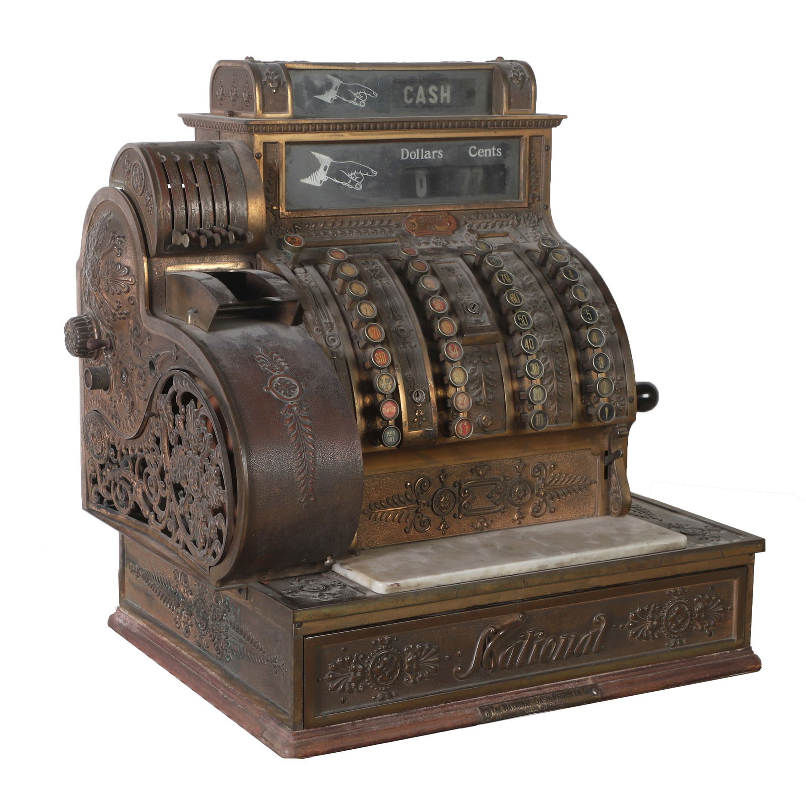 National Cash Reigister Co. model 445: National Cash Reigister Co. model 445 cash register, serial # 871774, brass receipt cage (filigree portion bent) with marble shelf, all glass present and in good condition, cash amounts and drawer wor