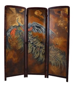 Oil on Board 3-Panel Peacock Painted Screen