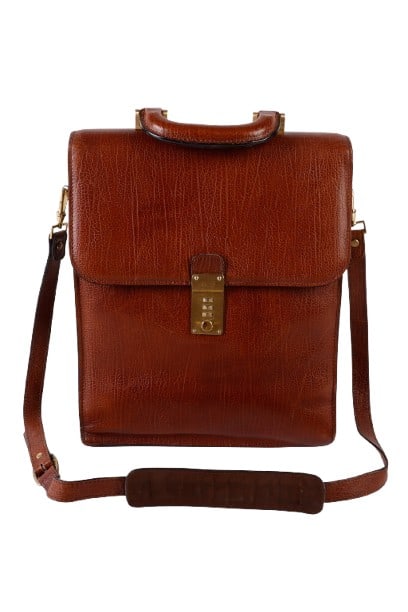 Bally Brown Leather Attache: Bally Brown Leather Attache, gold tone hardware, flap combination closure, handle at top, 15 1/2"H to top of handle, 10 3/4"W