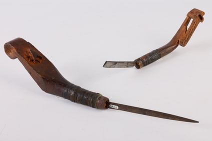 (2) Carved Handle Crooked Knives