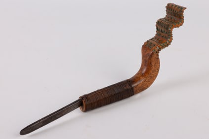 Chip Carved and Inked Wave Handled Crooked Knife