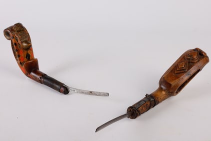 (2) Carved Scroll Handle Crooked Knives