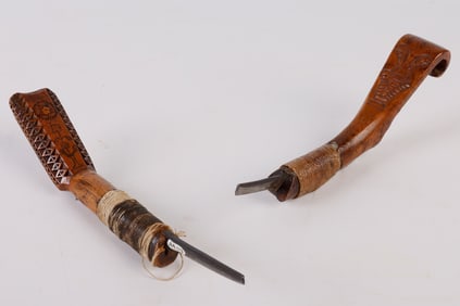 (2) Scroll Handed Carved and Inked Crooked Knives