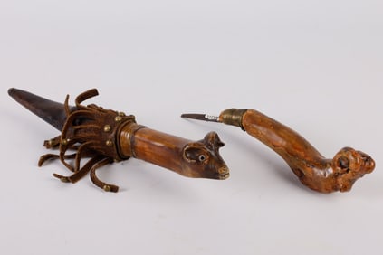 (2) Sheep Head Carved Crooked Knives