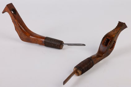 (2) Pierced and Carved Handled Crooked Knives