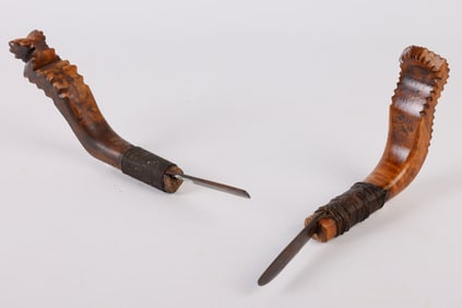(2) Undulating Chip Carved Handled Crooked Knives