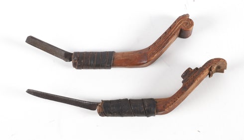 (2) Chip Carved Leather Wrapped Crooked Knives