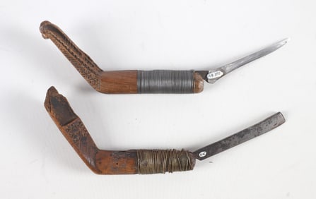 (2) Chip Carved Maple Handled Crooked Knives