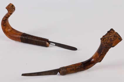 (2) Heart, Star and Clover Carved Crooked Knives