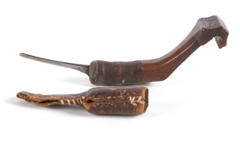 Early Carved Crooked Knife in Leather Sheath