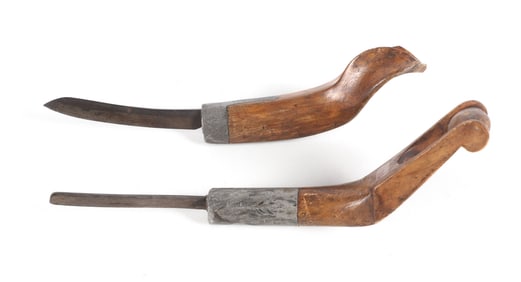(2) Wood Carved Pewter Joined Crooked Knives