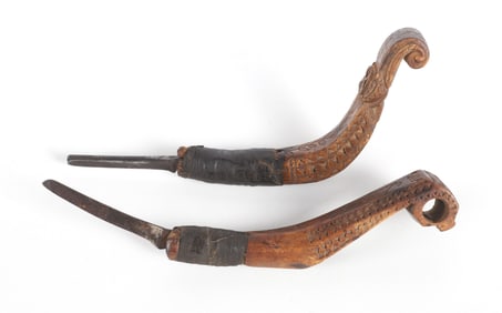 (2) Chip Carved Scroll Handle Crooked Knives