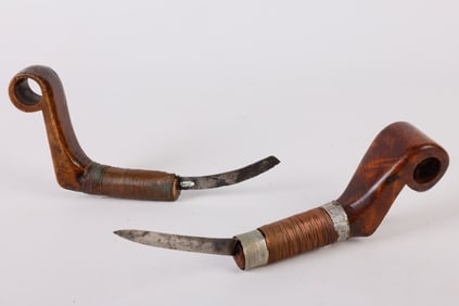 (2) Pierced Scroll Carved Crooked Knives