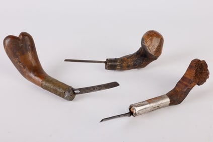 (3) Carved Wood Handled Crooked Knives