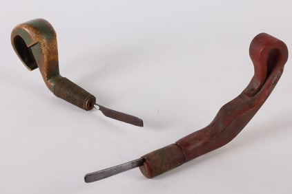 (2) Scroll Carved and Inked Handle Crooked Knives
