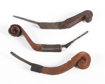 (3) Scroll Carved Wood Handled Crooked Knives