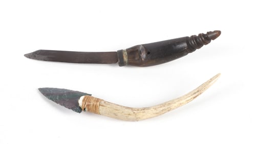 (2) Horn and Antler Handled Crooked Knives