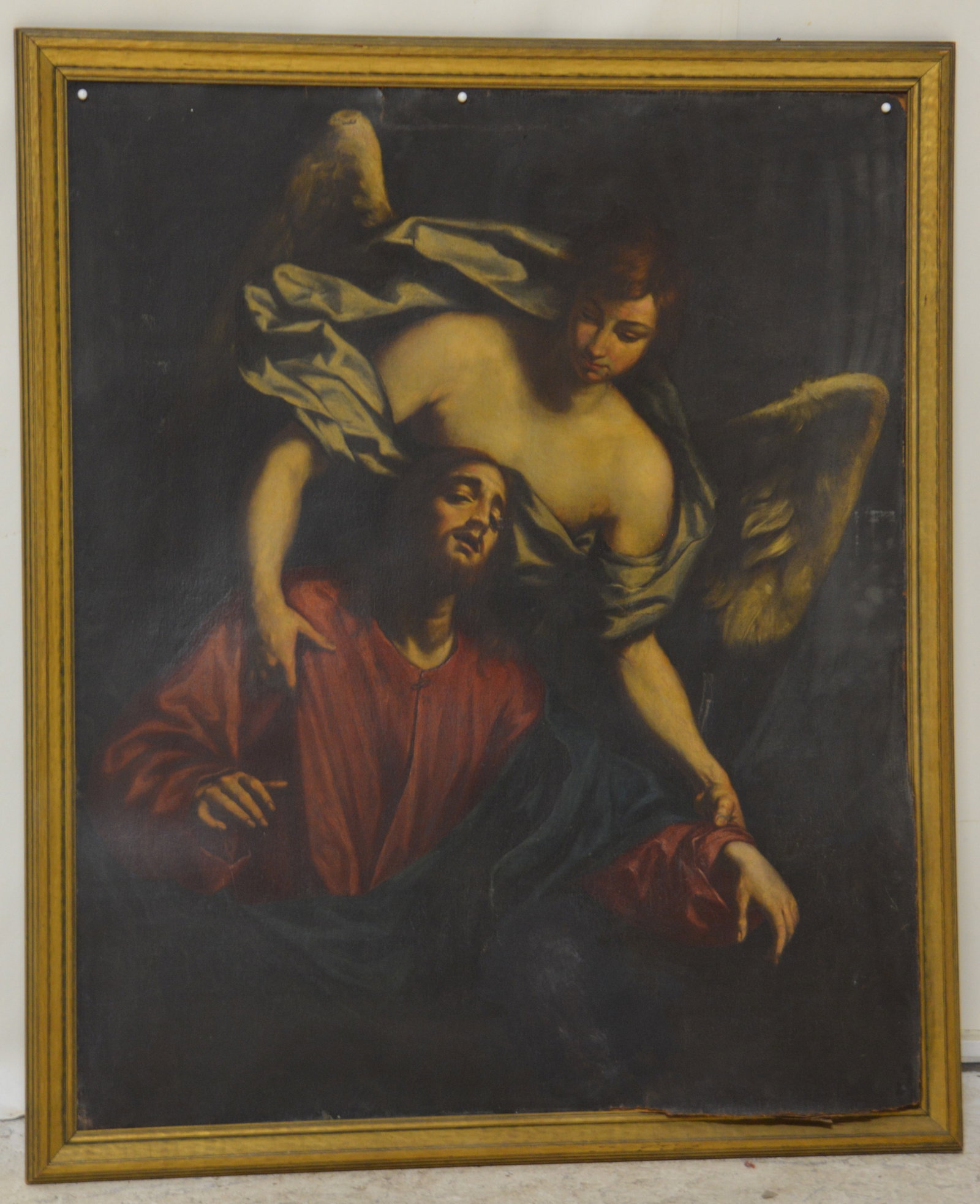 Painting of Jesus in Gethsemane: Painting of Jesus in Gethsemane, oil on canvas, no visible signature, 18th-19th C, 41-3/4" x 35", framed 45-1/4" x 38-1/4", poor condition, canvas loose from stretcher, previous relining