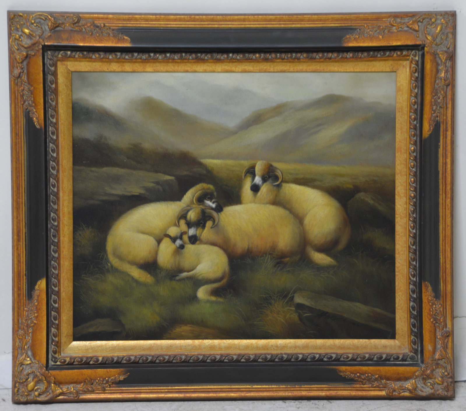 Reproduction Painting of Lambs: Reproduction painting of lambs, oil on canvas presented in ornate frame, 20" x 24", framed 28" x 32", excellent condition
