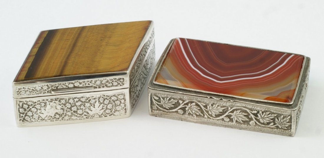 2 Indian Silver stone top boxes, one with Agate a: 2 Indian Silver stone top boxes, one with Agate and the other Tiger's Eye, gross weight 5.56 Troy Oz, largest 3-3/8" wide x 1" high