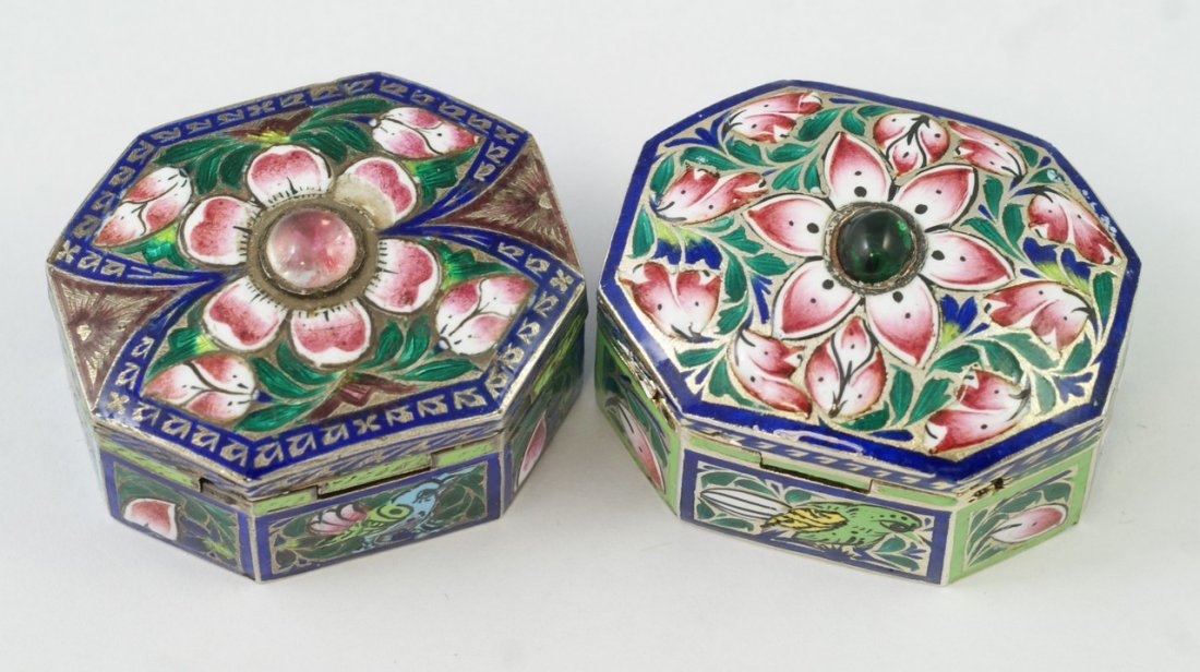 2 Fine Enameled Indian Silver Boxes, one set with: 2 Fine Enameled Indian Silver Boxes, one set with a pink stone the other a green stone, engraving to inside and base of both, 1.66 Troy Oz, each approx 1-3/8" wide
