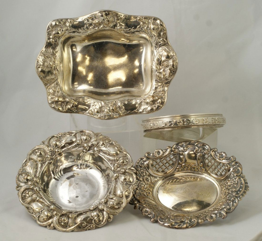 3 sterling repousse candy dishes, sterling bottle: 3 sterling repousse candy dishes, sterling bottle coaster, 10.64 TO