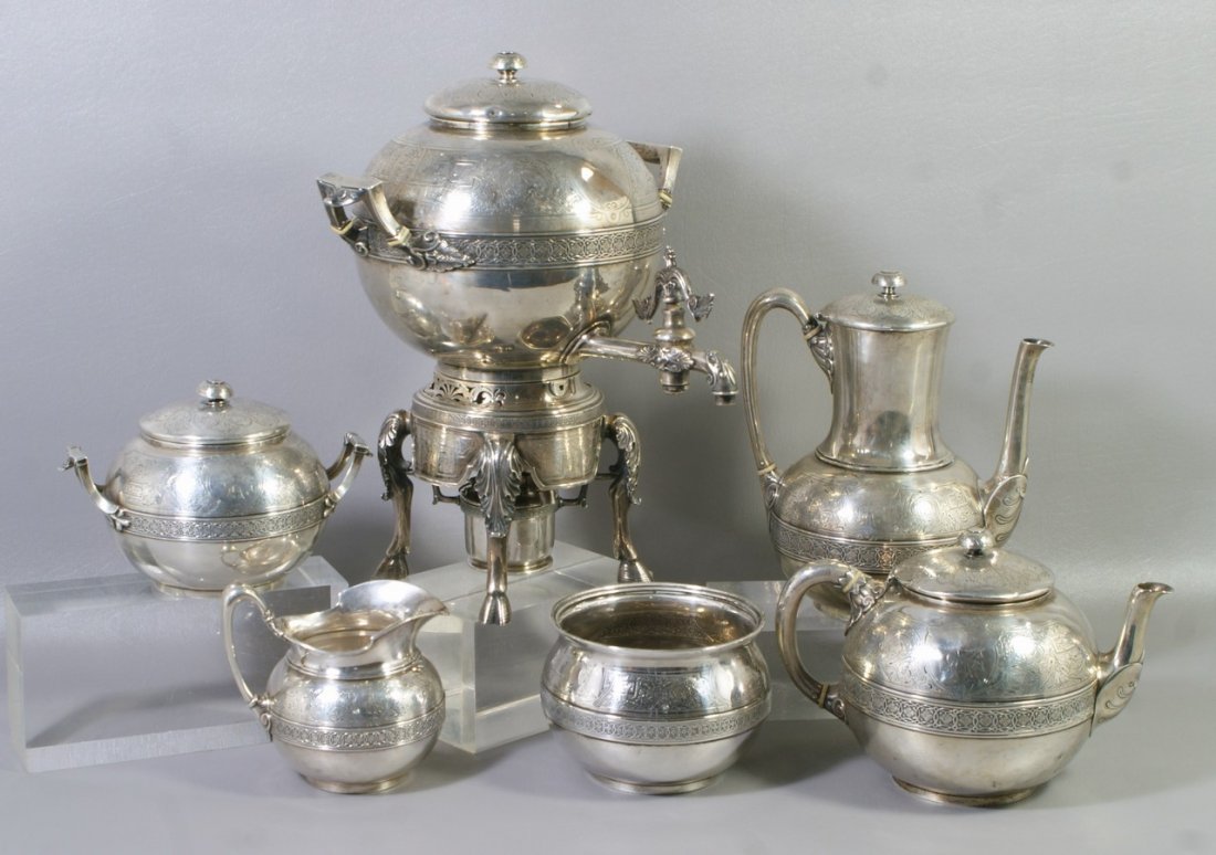 Tiffany & Co, NY Sterling Silver 6 pc Tea & Coffe: Tiffany & Co, NY Sterling Silver 6 pc Tea & Coffee Set, 550 Broadway address, c 1854-1870, c/o teapot, coffee pot, kettle and stand, creamer, covered sugar bowl and waste bowl, the globular bodies wit