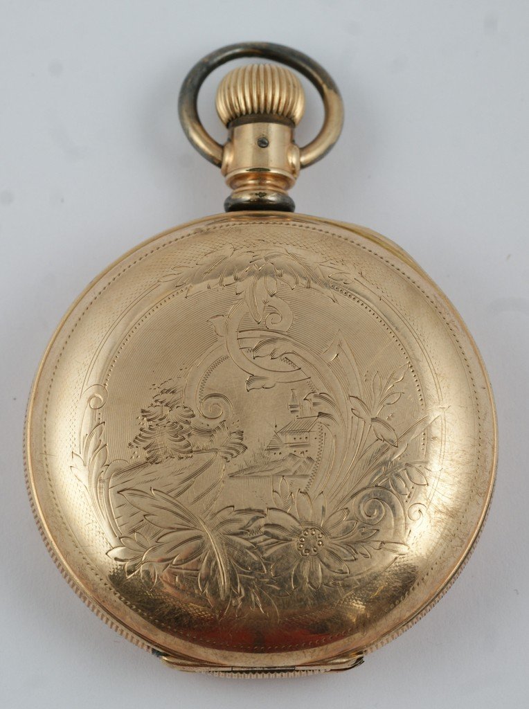 18S Elgin YGF hunt case pocket watch, not running: 18S Elgin YGF hunt case pocket watch, not running, landscape and floral engraving on case