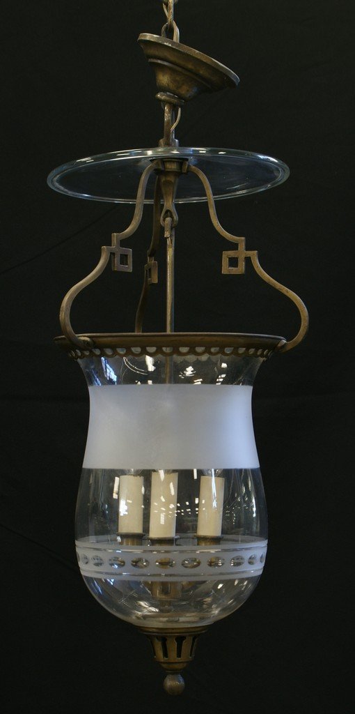 Brass and blown glass hallway light fixture, 24": Brass and blown glass hallway light fixture, 24" h, 10" w, 20th c replica of a 19th c candle lamp