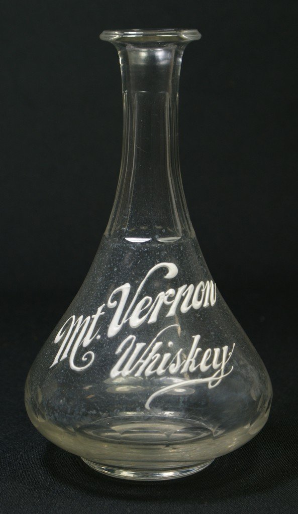 Clear glass back bar bottle with enameled decora: Clear glass back bar bottle with enameled decoration, MT VERNON WHISKEY, 9 1/4", no damage