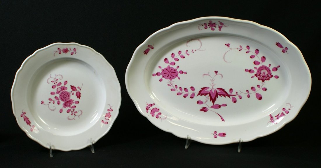 Meissen oval platter and round plate in the purp: Meissen oval platter and round plate in the purple Indian pattern, late 18th c mark with crossed swords with dots, platter 16 1/2", impressed 1 and 3, plates 9 3/4", impressed 1 and 22, 2nds hash mark