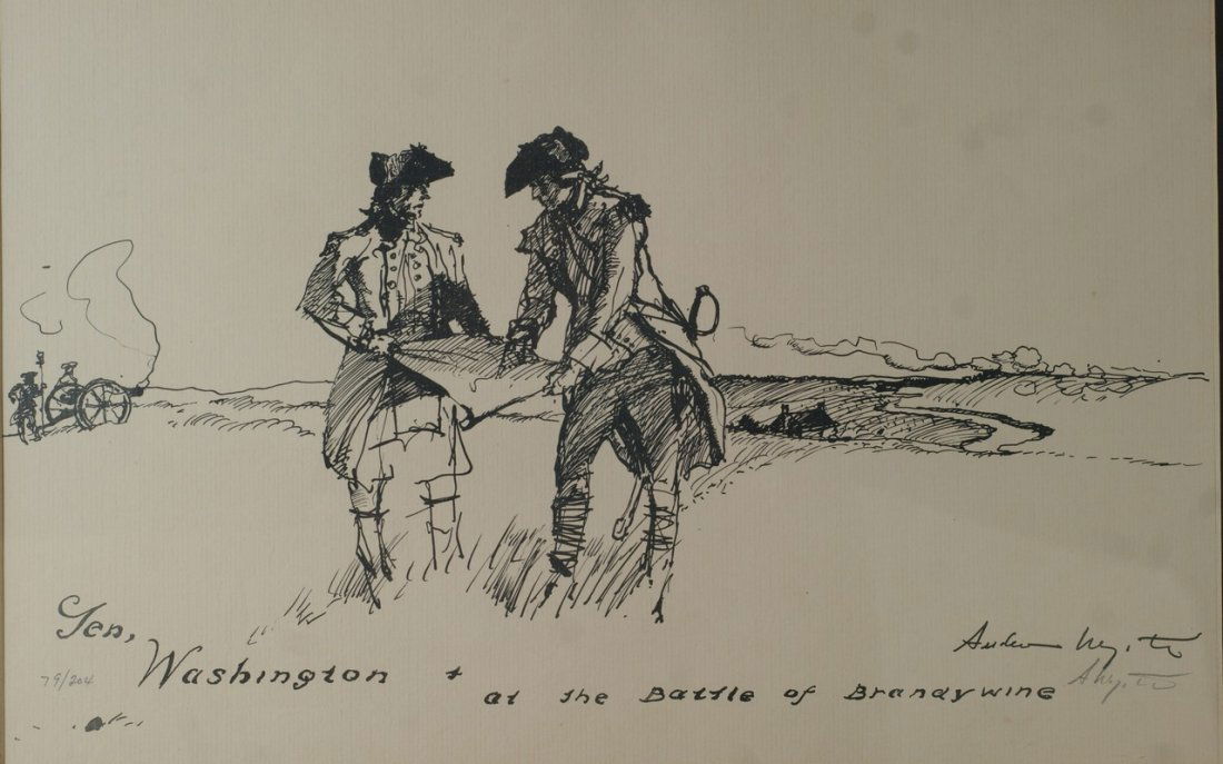 After Andrew Wyeth, American, PA, 1917-2009, penc: After Andrew Wyeth, American, PA, 1917-2009, pencil signed lithograph, "General Washington at the Battle of the Brandywine", numbered 79/204, original done in 1955 for Chris Sanderson. 10 1/2" x 16 1/
