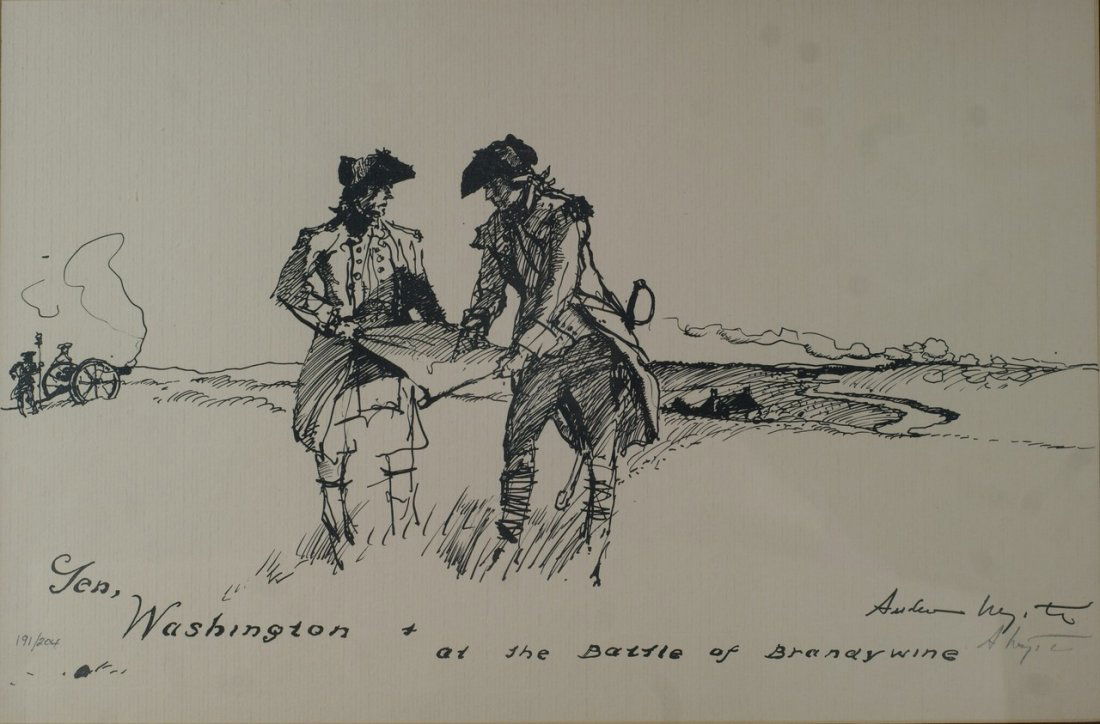 After Andrew Wyeth, American, PA, 1917-2009, pen: After Andrew Wyeth, American, PA, 1917-2009, pencil signed lithograph, "General Washington at the Battle of the Brandywine", numbered 191/204, original done in 1955 for Chris Sanderson. 10 1/2" x 16 1