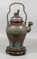 2415: Bronze champlevé tea kettle with foodog finial on - 2